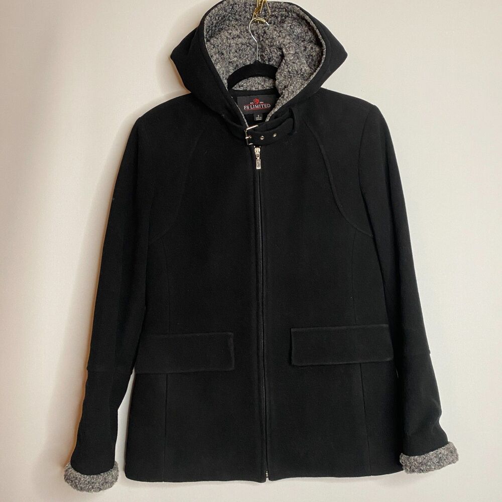 VTG F.S. Limited Hooded Black Wool Coat Womens Small